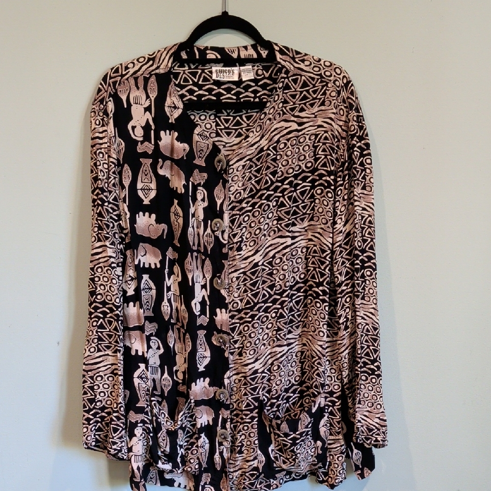 Chico's Black and Tan Geometric Blouse L